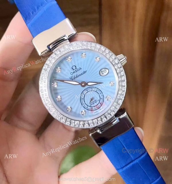 Women Omega De Ville Ladymatic Replica Watch SS Blue Diamond
