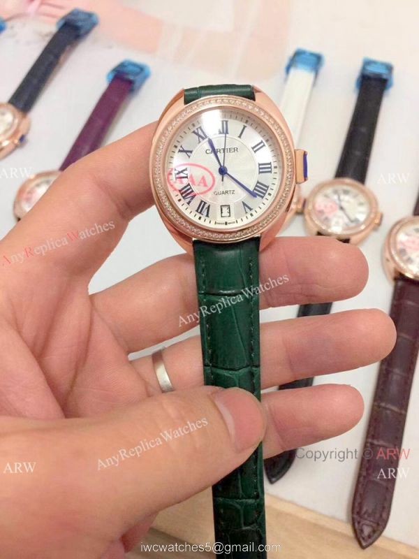 Fake Cle de Cartier Roman Dial Rose Gold Diamond watch Women Size