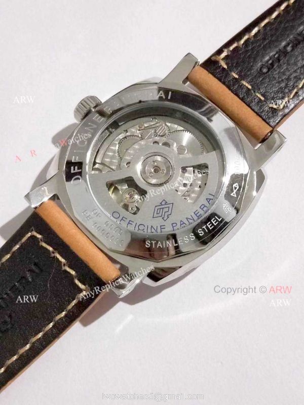 Copy Panerai Radiomir Power Reserve Watch SS Black Stripe Dial with Brown Leather Band