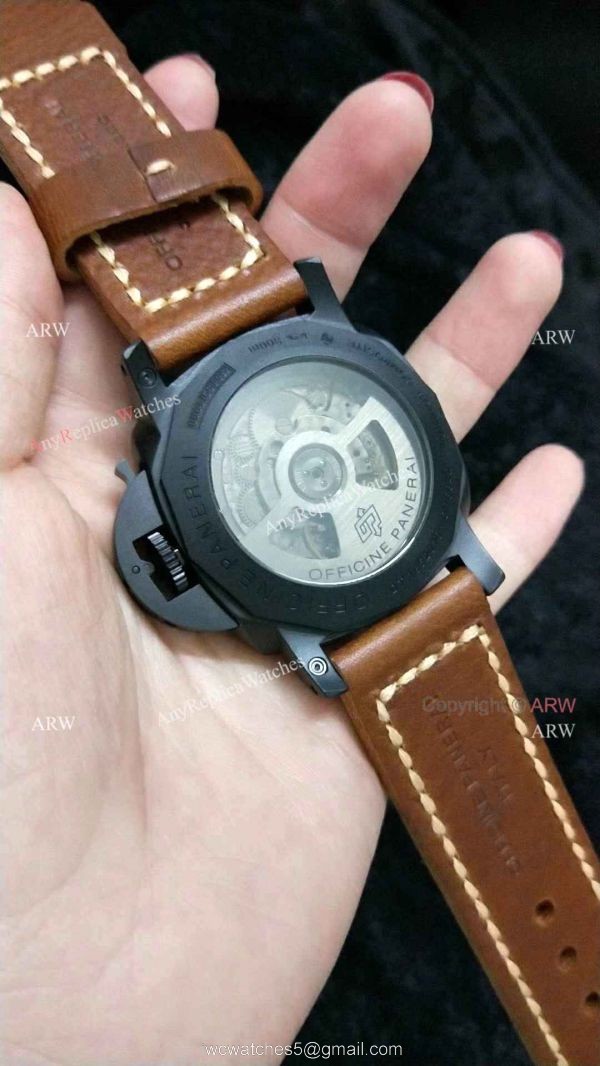 Clone Panerai Luminor GMT PAM 320 Black Steel Watch with Brown Leather Strap