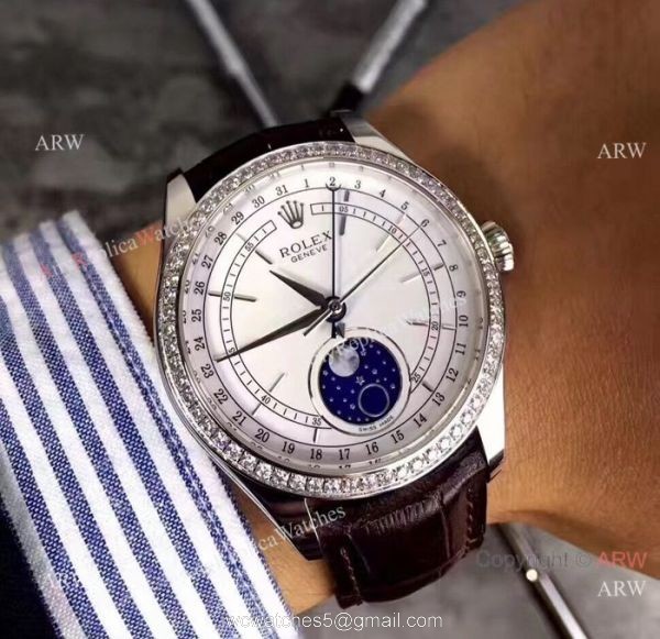 Baselworld Rolex Cellini Moonphase Replica Watch Stainless Steel Brown Leather Strap Watch
