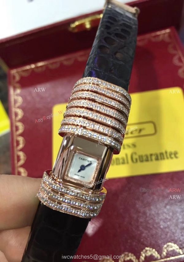 Cartier Small Silver Dial With Diamonds Replica Watches Black Leather Band