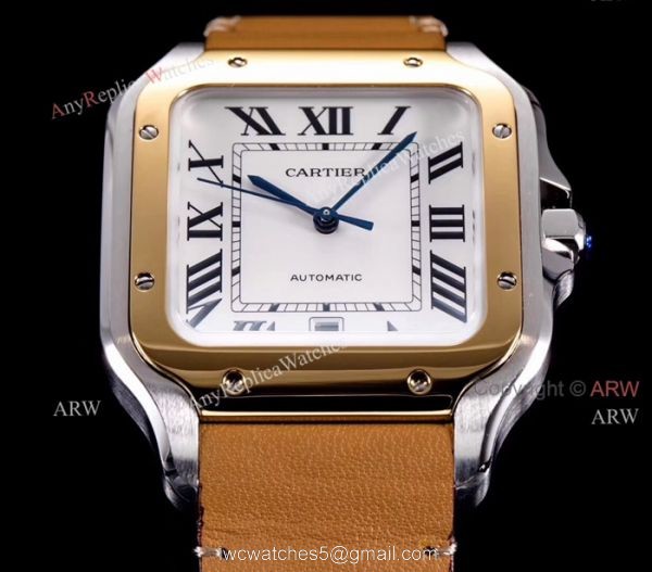 2018 New Santos De Cartier Watch Collection Cartier Santos Brown Leather Strap White Roman Dial Watches