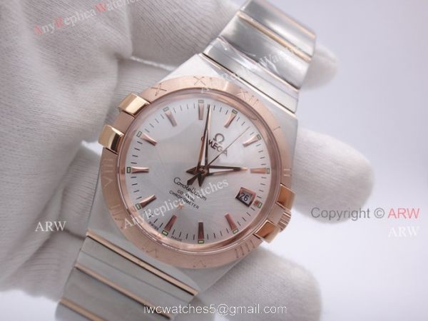 Replica Omega Constellation Automatic Men Watch 2 Tone Rose Gold Band W White Dial