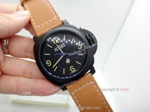 Replica Panerai Luminor Black Dial Brown Leather Strap Watch W Panerai Luminor Base Logo