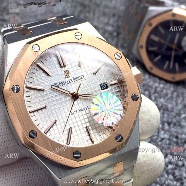 Newest Fake Audemars Piguet Royal Oak Watch Two Tone Rose Gold Silver Dial