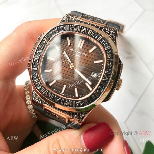 Replica Patek Philippe Engraving Nautilus Rose Gold Watch 42mm