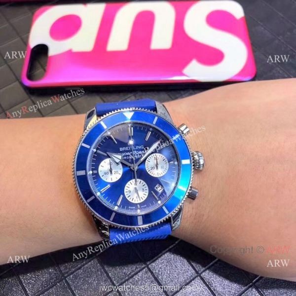 Breitling Superocean 43mm Watch SS Blue Dial Blue Rubber Strap