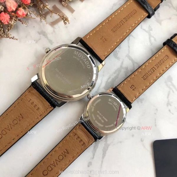 New Replica MOVADO Quartz Lovers Watch SS Black Leather Strap