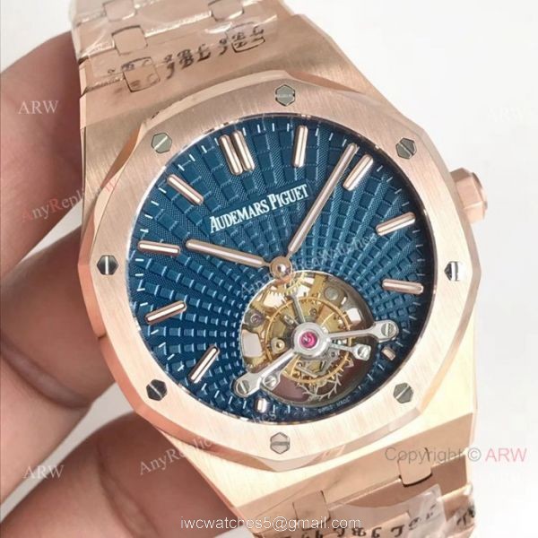 Swiss Replica Audemars Piguet Royal Oak Extra-Thin Tourbillon 2924 Watch Rose Gold Blue Dial