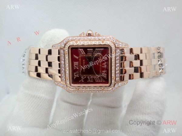 Panthere De Cartier Replica Watches Rose Gold Dark Red Dial