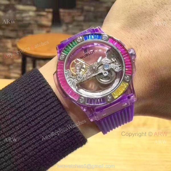2019 Hublot Unico Sapphire Replica Watch Transparent Case Rainbow Bezel