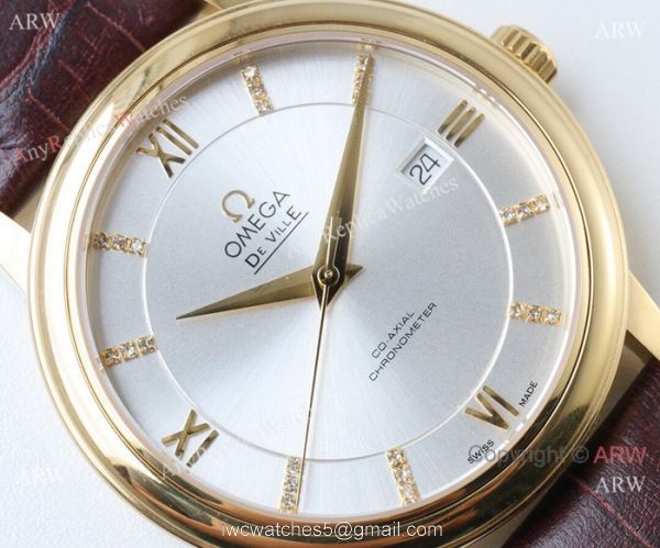 Swiss 2824 Omega De Ville Replica Watch Gold Case Silver Dial