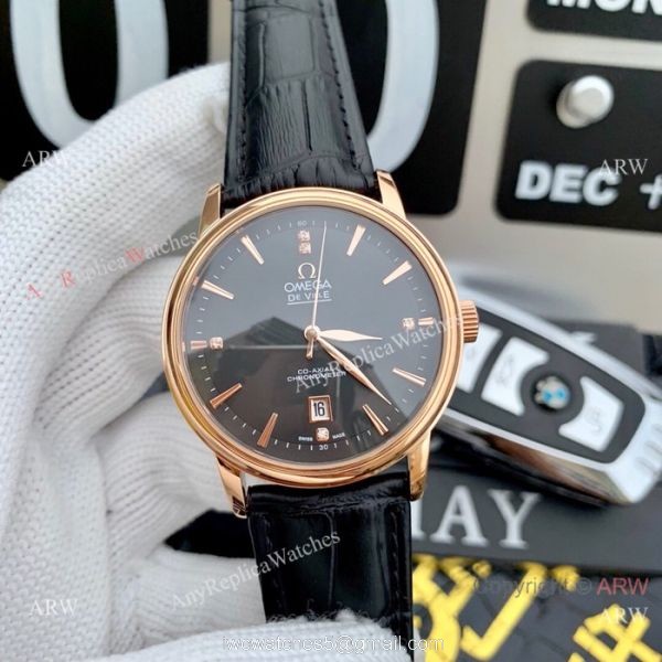 Clone Omega De Ville SS Black Leather Strap Watches 42mm