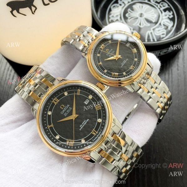 Fake DeVille Prestige Omega Couple Watch Stainless Steel Black Dial