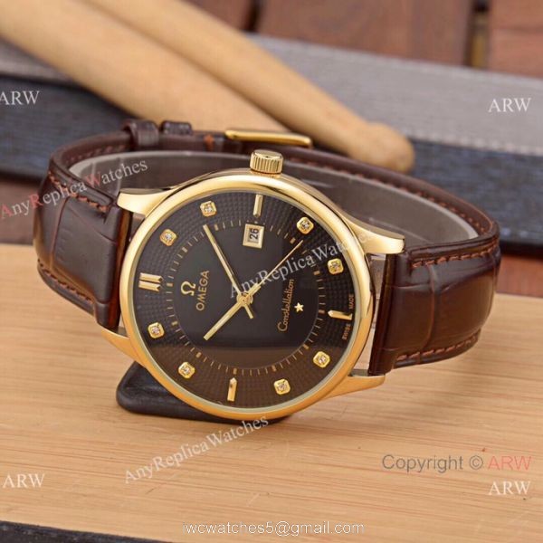 New Replica Omega Constellation 41mm Watch SS Black Leather Strap
