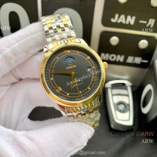 New Copy Omega De Ville Moon Phase 40mm Watches Stainless Steel Black Face