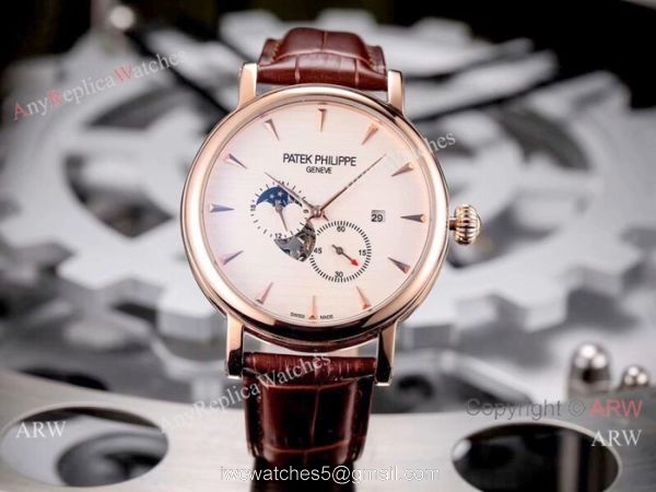 Patek Philippe Calatrava 42mm Copy Watches SS White Moonphase Dial