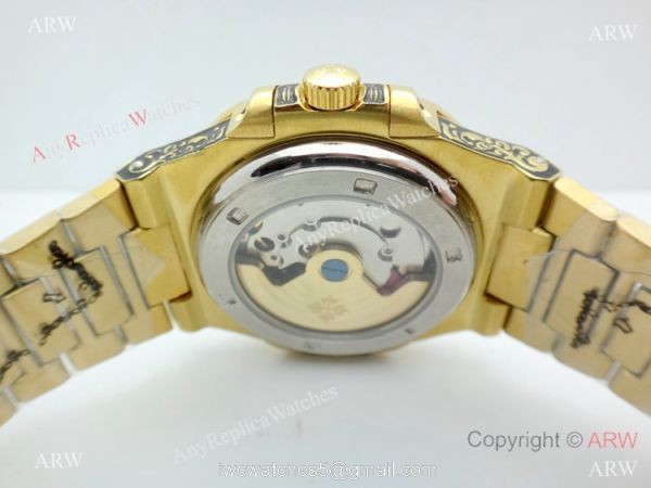 2019 Copy Patek Philippe Engraving Nautilus Watches Yellow Gold Black Dial