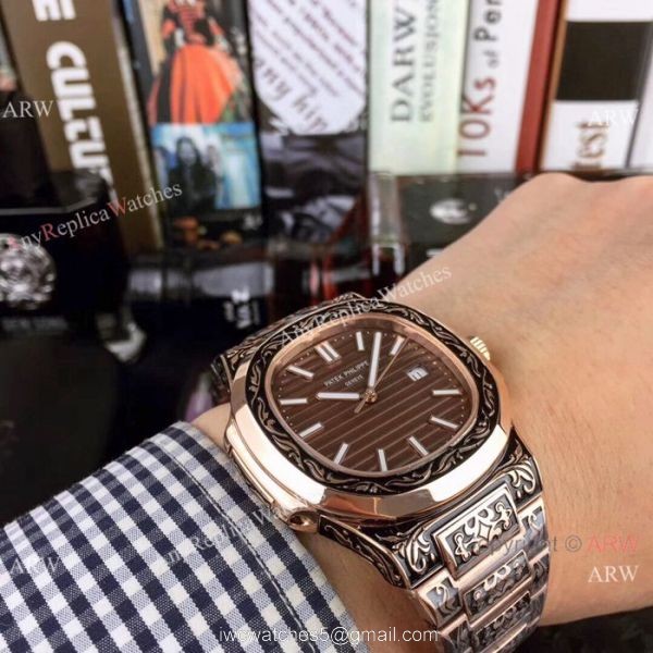 Clone Patek Philippe Nautilus White Face Rose Gold Tattoo Watch 40mm