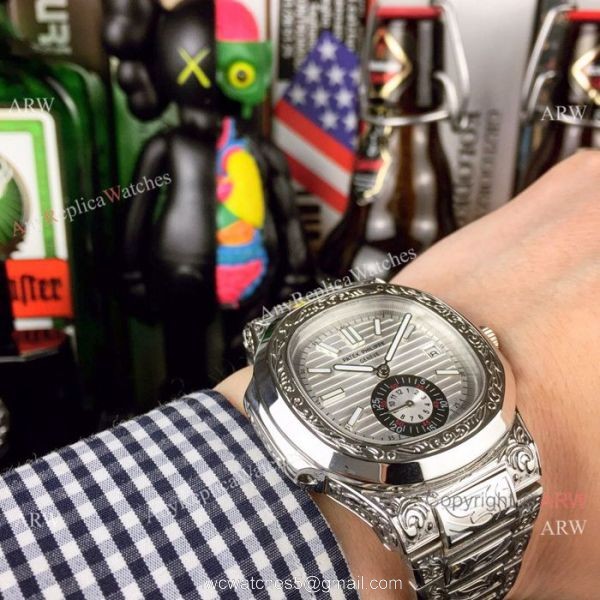 Copy Patek Philippe Engraving Nautilus Stainless Steel Watch Silver Dial