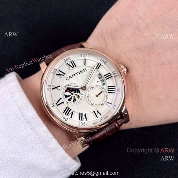 Copy Rotonde de Cartier Moonphase Watches Rose Gold Leather Strap