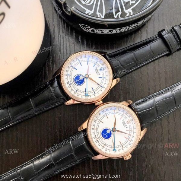 Baselworld Replica Rolex Cellini Moon phase Watches Rose Gold Blue Stick