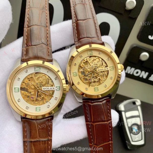 Rolex Geneve Cellini Replica Watch Tourbilln Face Brown Leather Strap