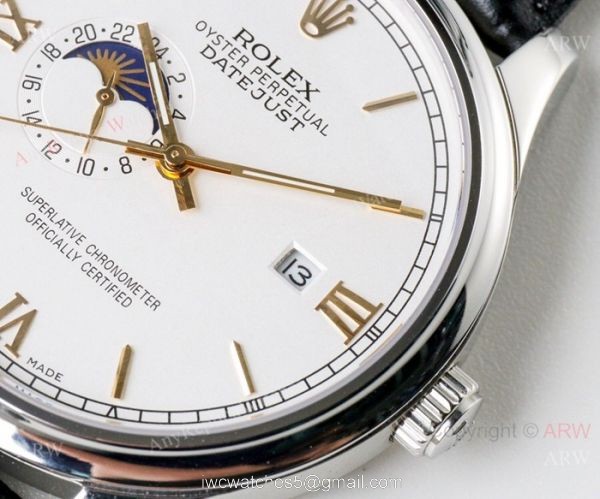 Swiss 8217 Rolex Datejust Moonphase replica Watch White Dial Gold Sticks