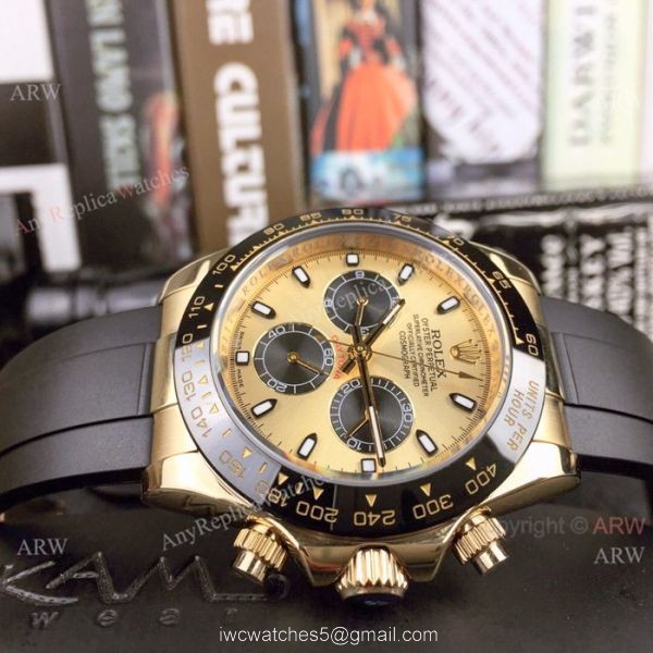 Yellow Gold Rolex Daytona Rubber Strap Replica Watch Mens 40mm