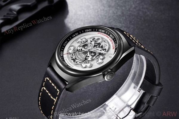 Pagani Design PVD Black Steel Watch White Skull Face