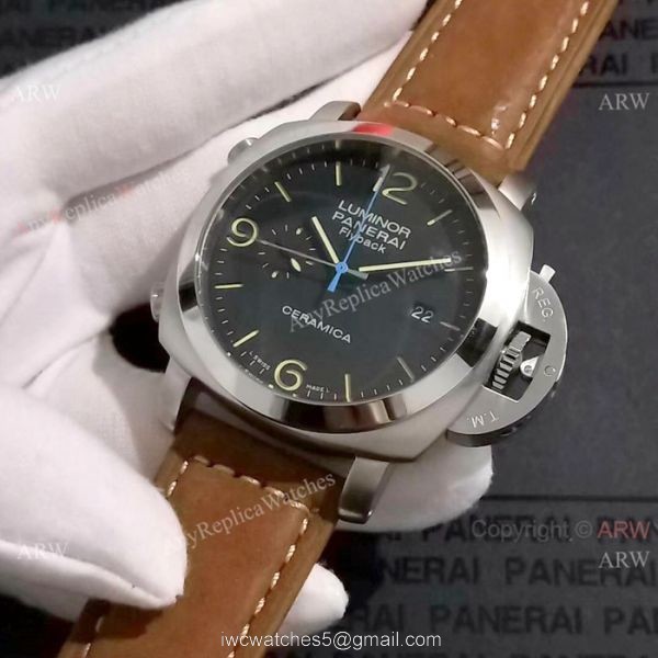 Copy Panerai Luminor FLYBACK SS Brown Leather Band Watch PAM524