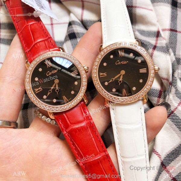 Copy Cartier Rose Gold Black Dial Watch 33mm Ladies