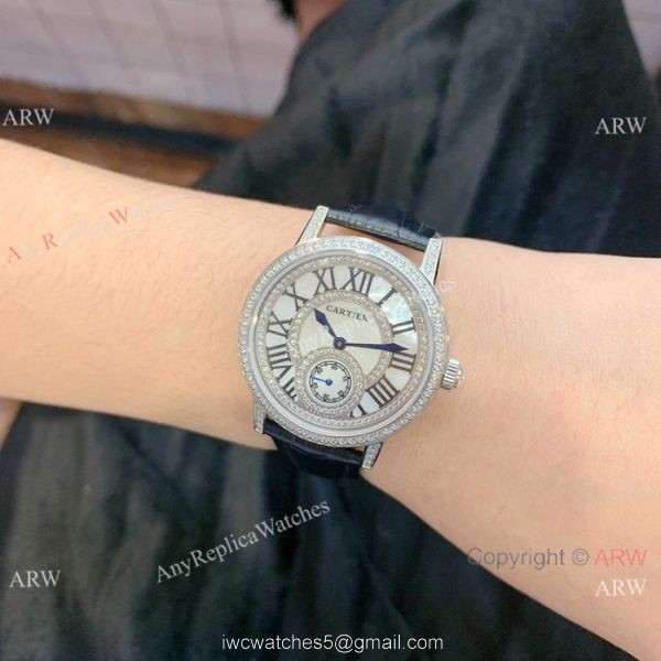 Fashion Cartier Watch Lady Diamond Bezel Black Leather Strap