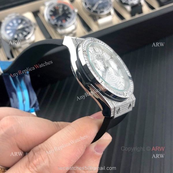 Iced Out Hublot Knock off Watches Classic Fusion SS Black Rubber Strap