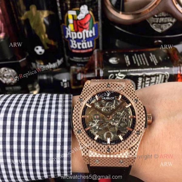 Copy Hublot Classic Fusion Watches Skeleton Dial Black Rubber Strap