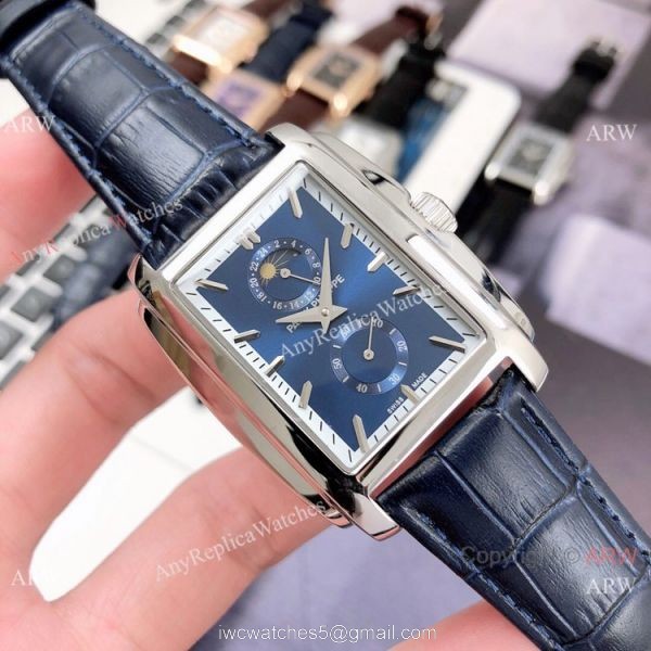 Patek Philippe Gondolo Moonphase Mens Watch SS Black Leather Strap