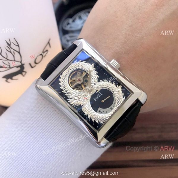 2019 Copy Piaget Black Tie Dragon watches Gold Case Brown Strap