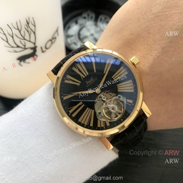Clone Piaget Tourbillon Rose Gold White Roman Dial Men Watch
