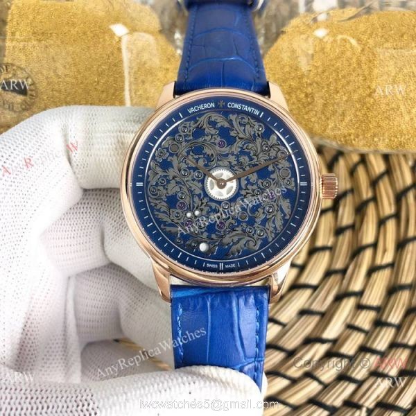 Replica Vacheron Constantin Geneve Flower Dial Blue Leather Strap