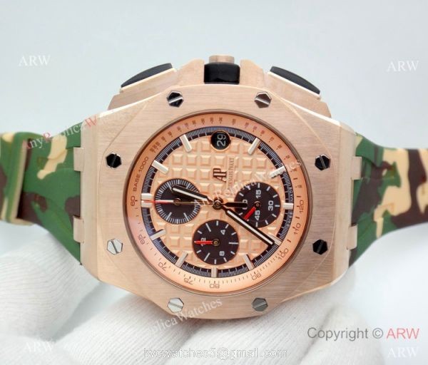 44mm Audemars Piguet Royal Oak Offshore Replica Watch Rose Gold Camouflage Strap