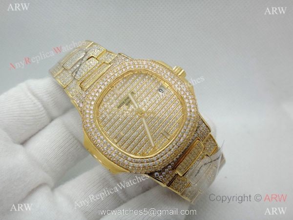 Swiss Replica Patek Philippe Nautilus Jumbo Gold Iced Out Watch 39.5mm