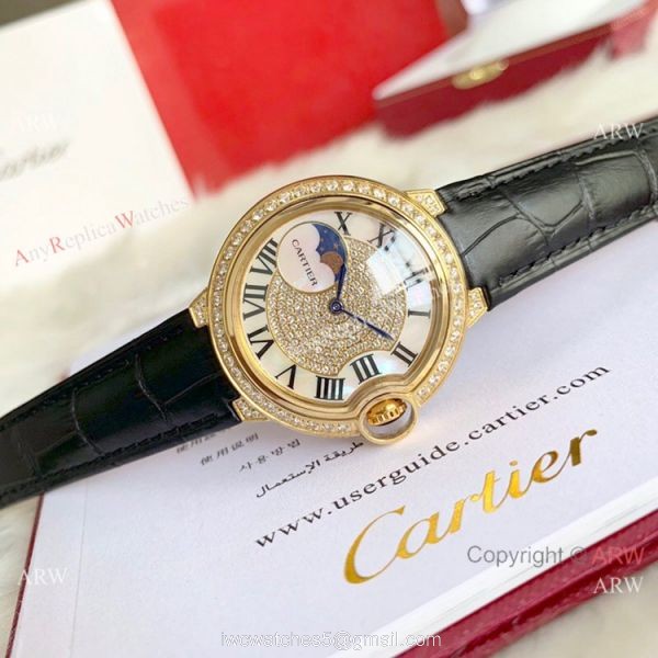 Ballon Bleu de Cartier 36mm Replica Watches Gold Diamond Green Leather Band
