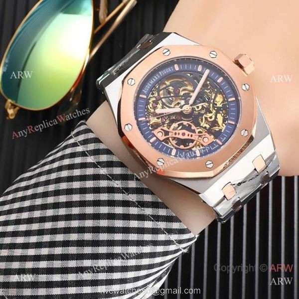 High Quality Fake AP Skeleton Royal Oak Rose Gold Black Dial Watch