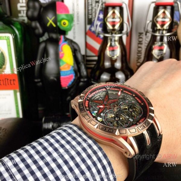 Best Replica Roger Dubuis Excalibur Double Tourbillon Watch Rose Gold Skeleton Face