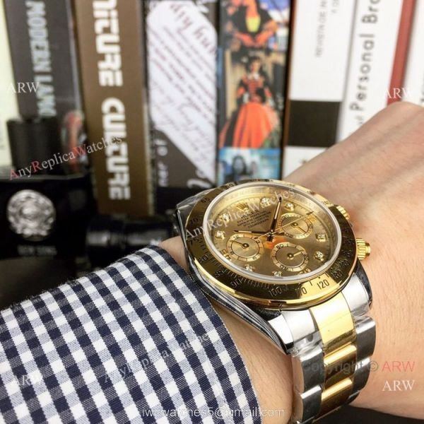 Copy Rolex Two Tone Daytona 40mm Watch Gold Dial with Diamond Gold Rolex Daytona Replica