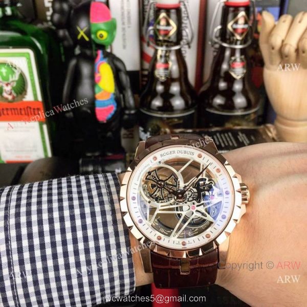 Copy Roger Dubuis Excalibur Flying Tourbillon Watches SS Gray Leather Strap