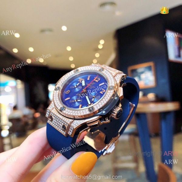 Copy Hublot Big Bang Rose Gold Diamond Blue Dial Watches