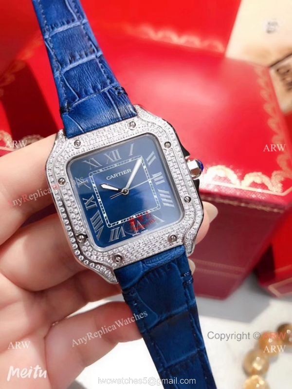 Cartier Santos 100 Diamond Replica Watch SS Diamond Case Blue Leather Strap