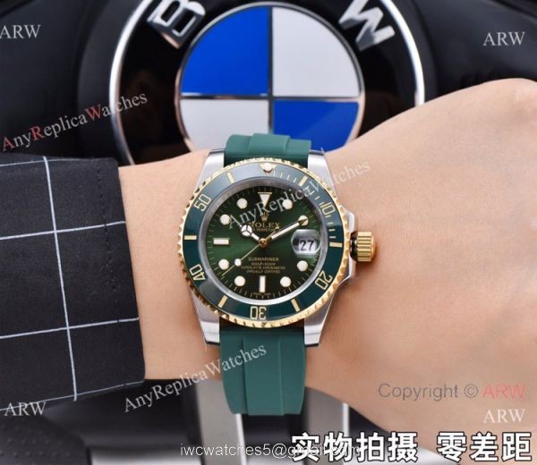 Copy Rolex Submariner Date 2 Tone Green Rubber Strap Watch 41mm